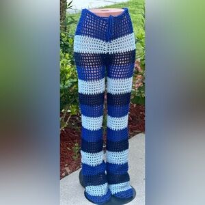 Shades of Blue Crochet Mesh Pants Handmade Boho Summer Cover-Up All Sizes